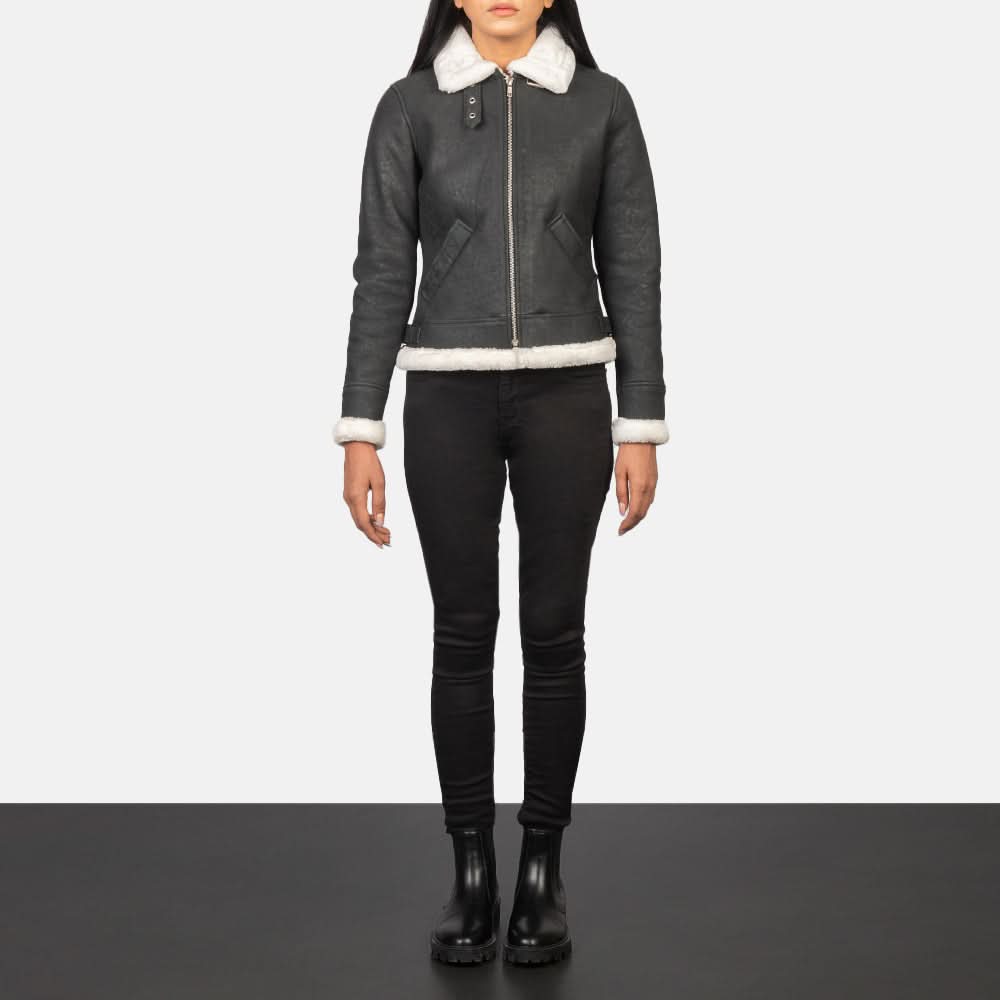 Sherilyn B-3 Black & White Leather Bomber Jacket - Leather Clan