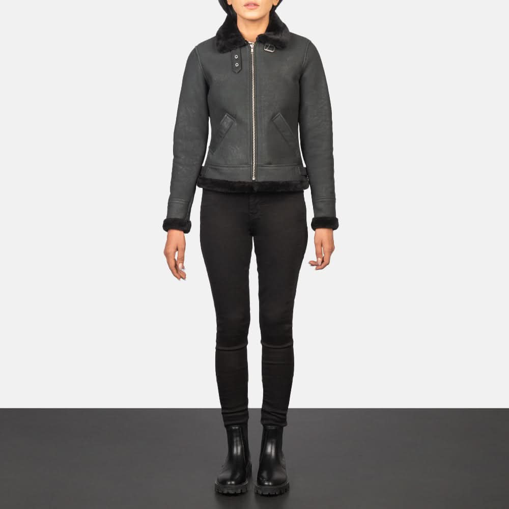 Sherilyn B-3 Distressed Black Leather Bomber Jacket - Leather Clan