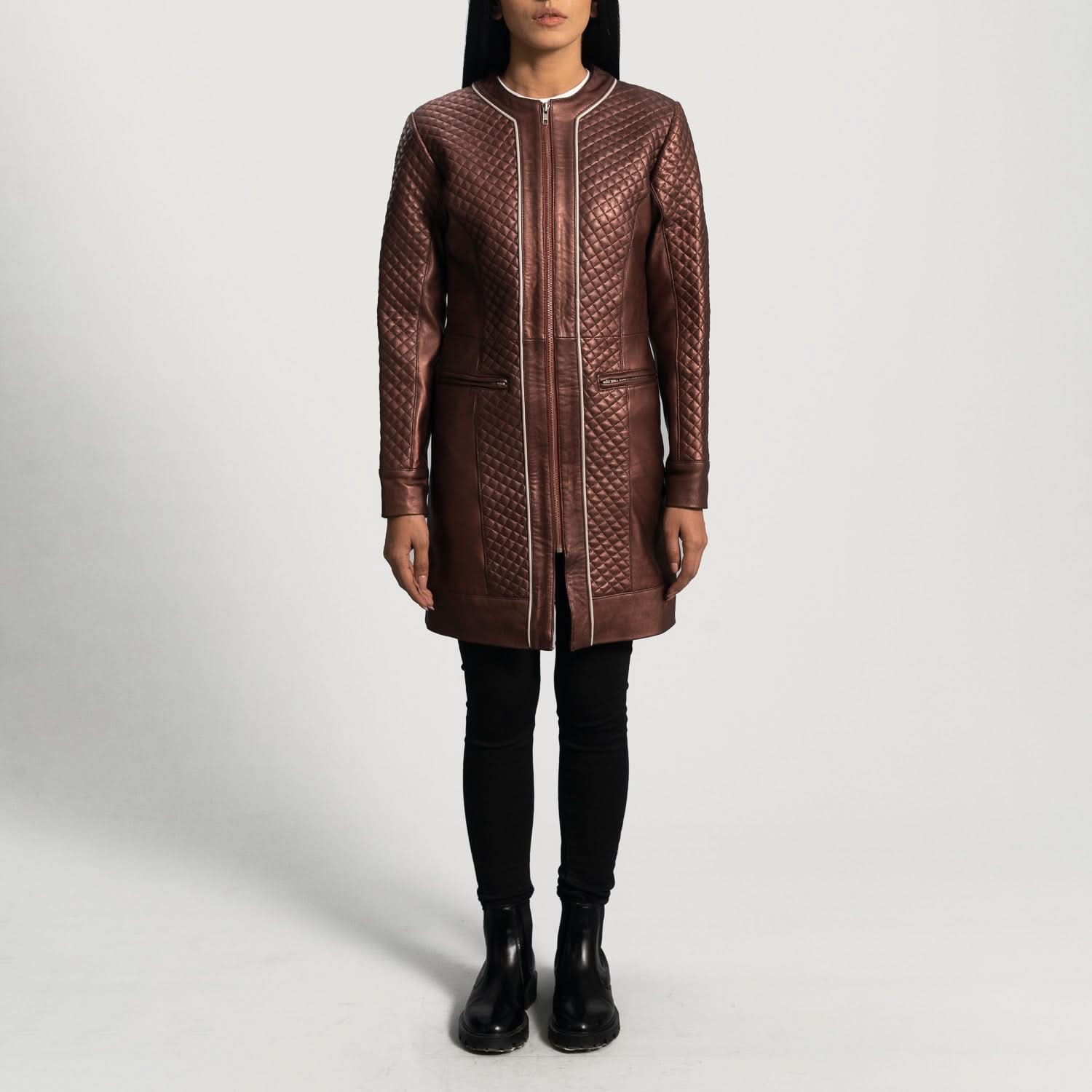 Trudy Lane Quilted Maroon Leather Coat - Leather Clan