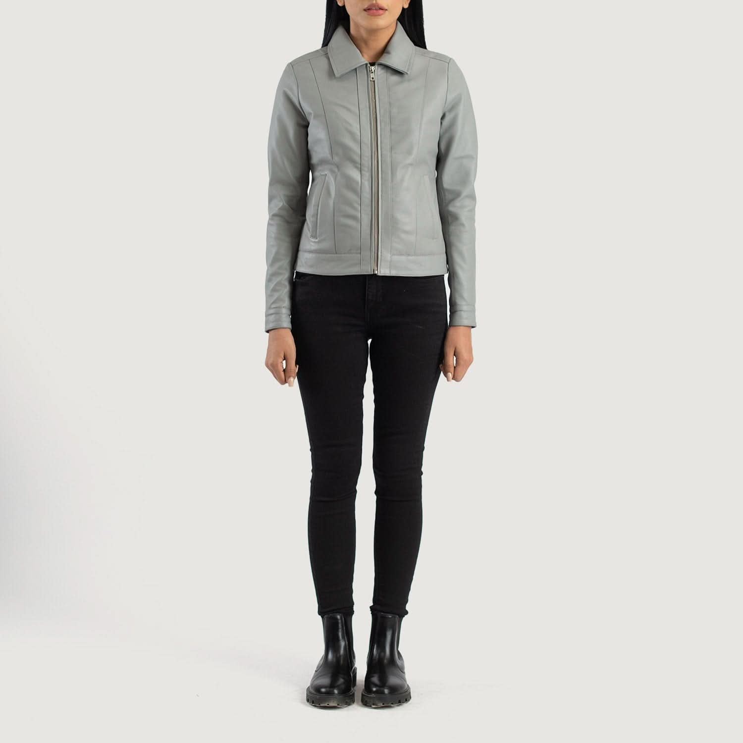 Vixen Grey Classic Collar Leather Jacket - Image 4