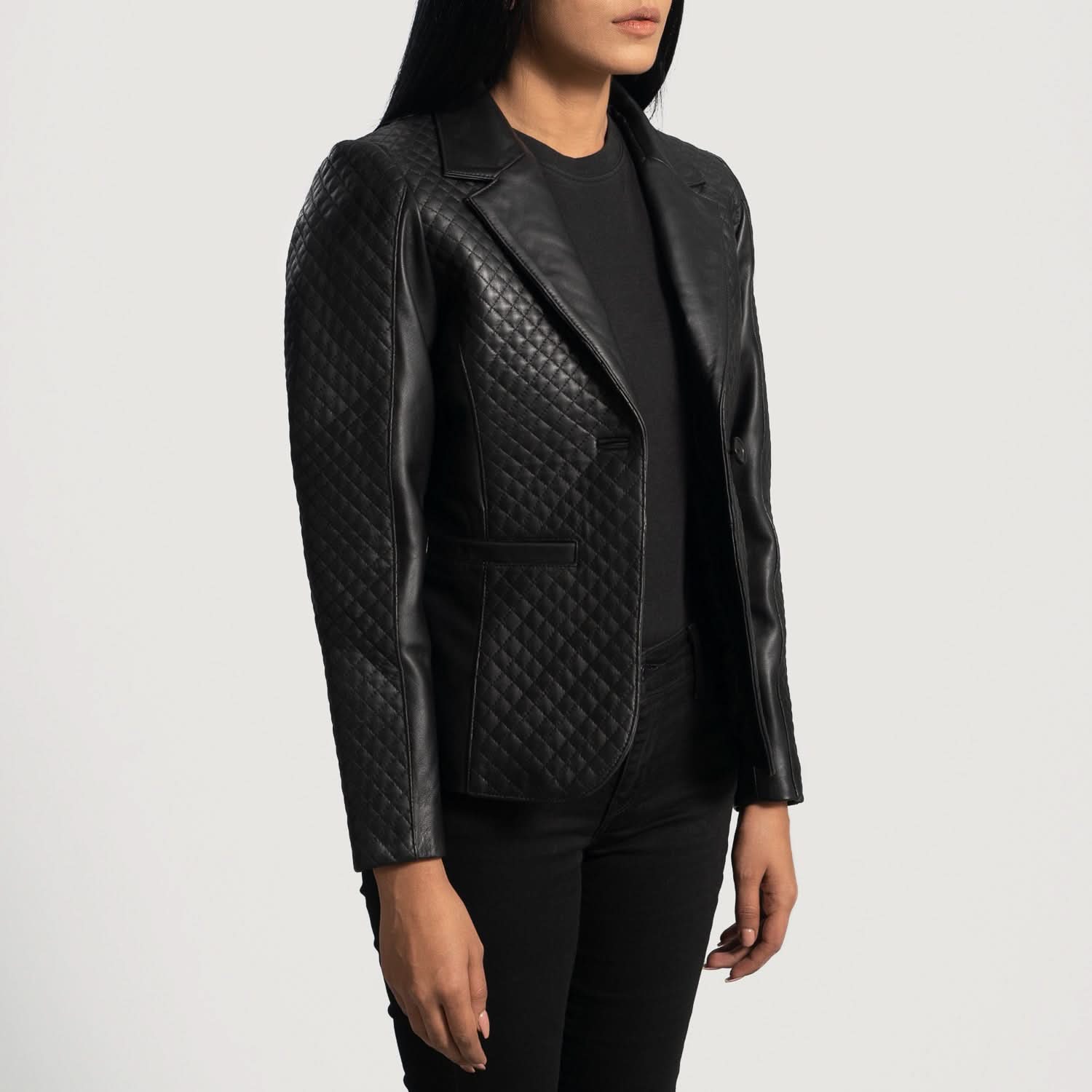 Cora Quilted Black Leather Blazer - Leather Clan