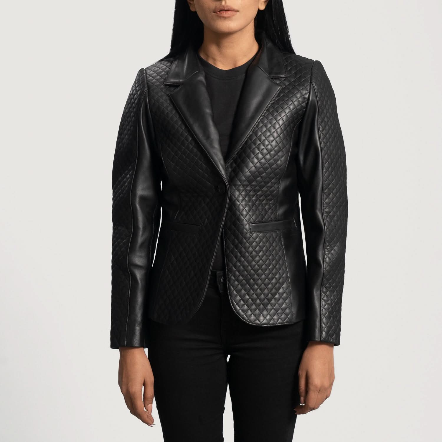 Cora Quilted Black Leather Blazer - Leather Clan