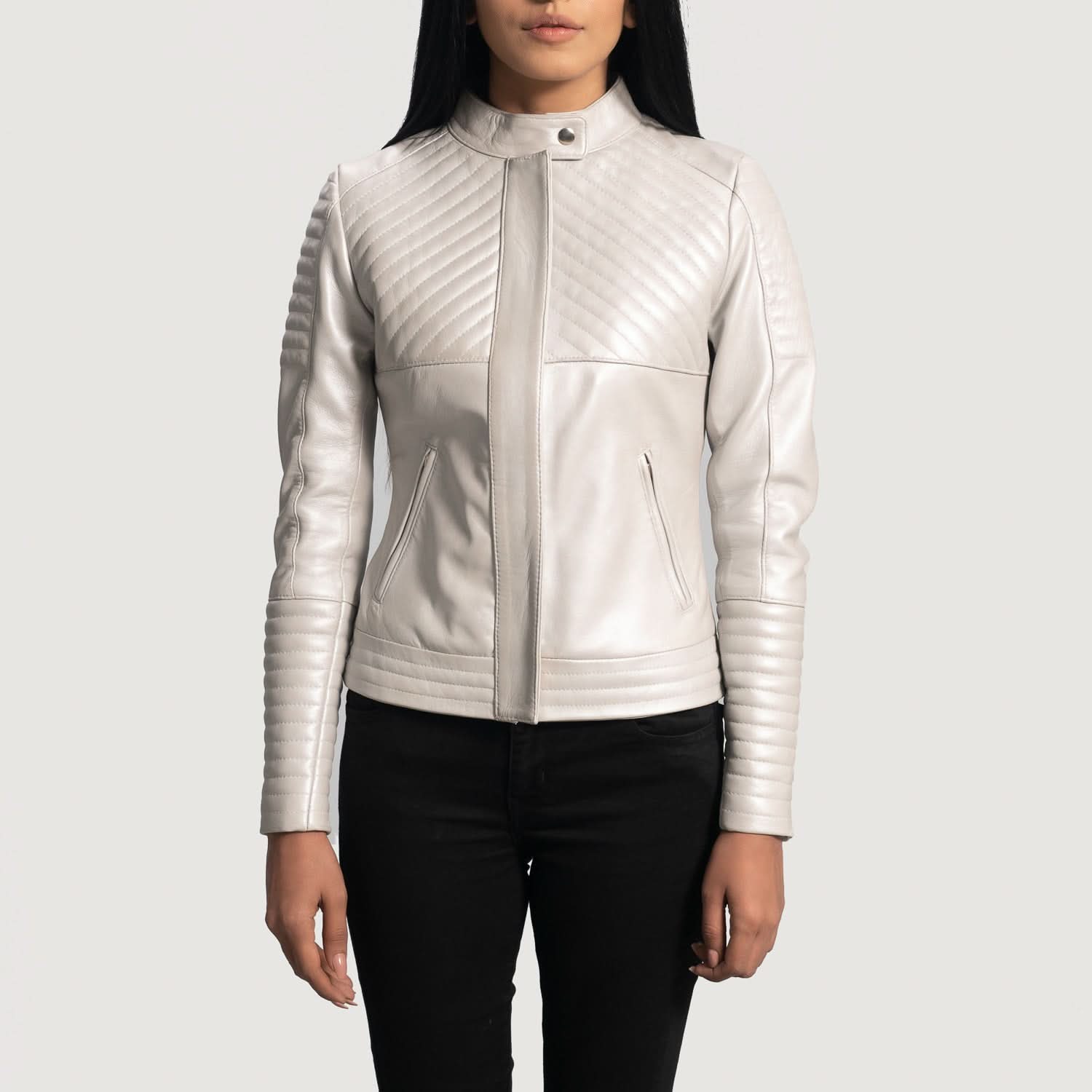Ice Maiden Silver Quilted Leather Biker Jacket - Leather Clan