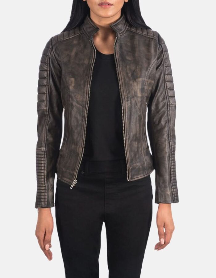Adalyn Quilted Distressed Brown Leather Biker Jacket - Leather Clan