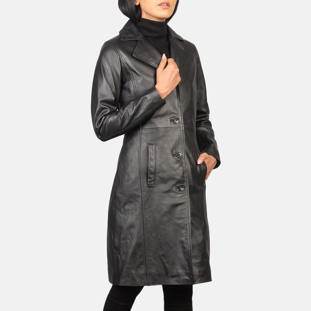 Alexis Black Single Breasted Leather Coat - Leather Clan