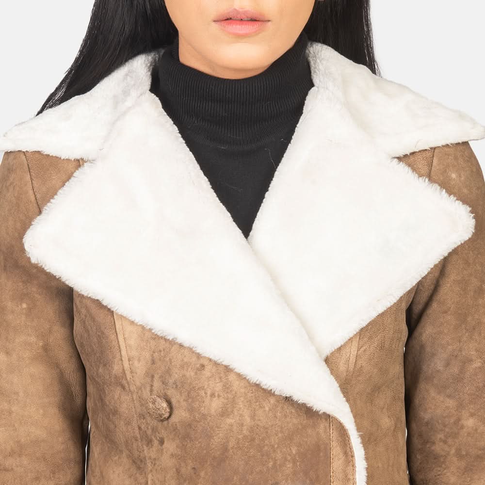 Amie Distressed Brown Double Breasted Shearling Coat - Leather Clan