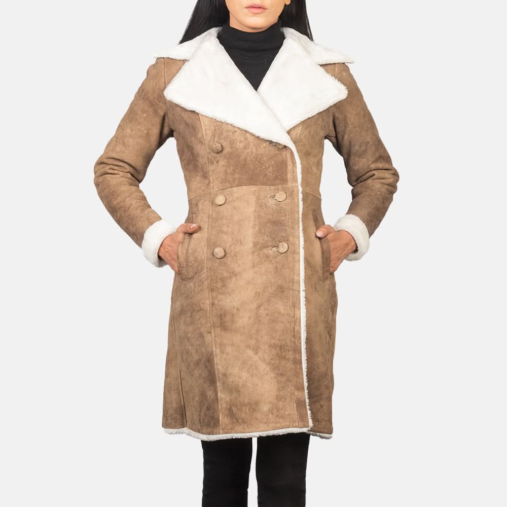 Amie Distressed Brown Double Breasted Shearling Coat - Leather Clan