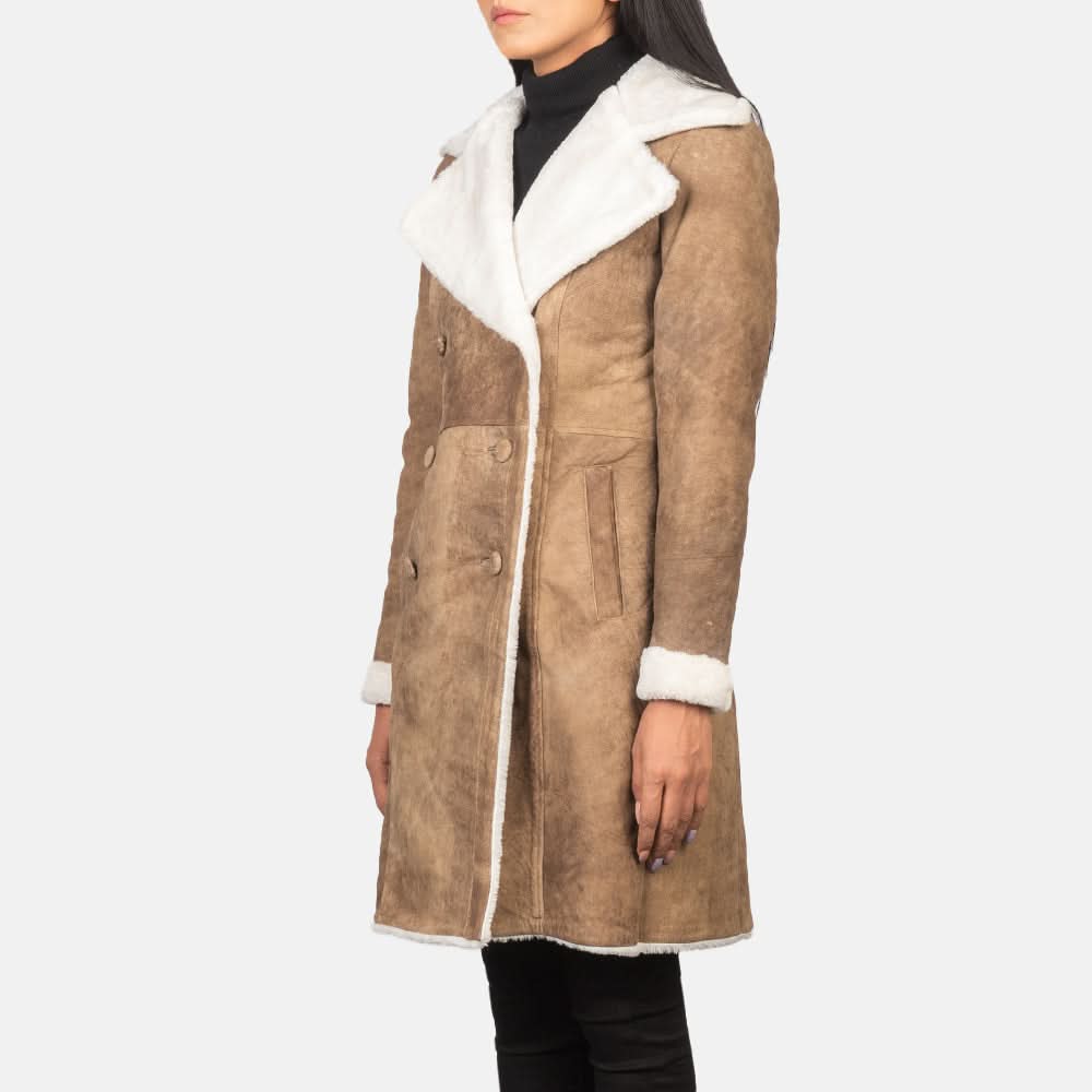 Amie Distressed Brown Double Breasted Shearling Coat - Leather Clan