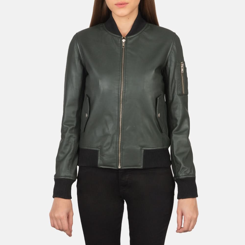 Ava Ma-1 Green Leather Bomber Jacket - Leather Clan