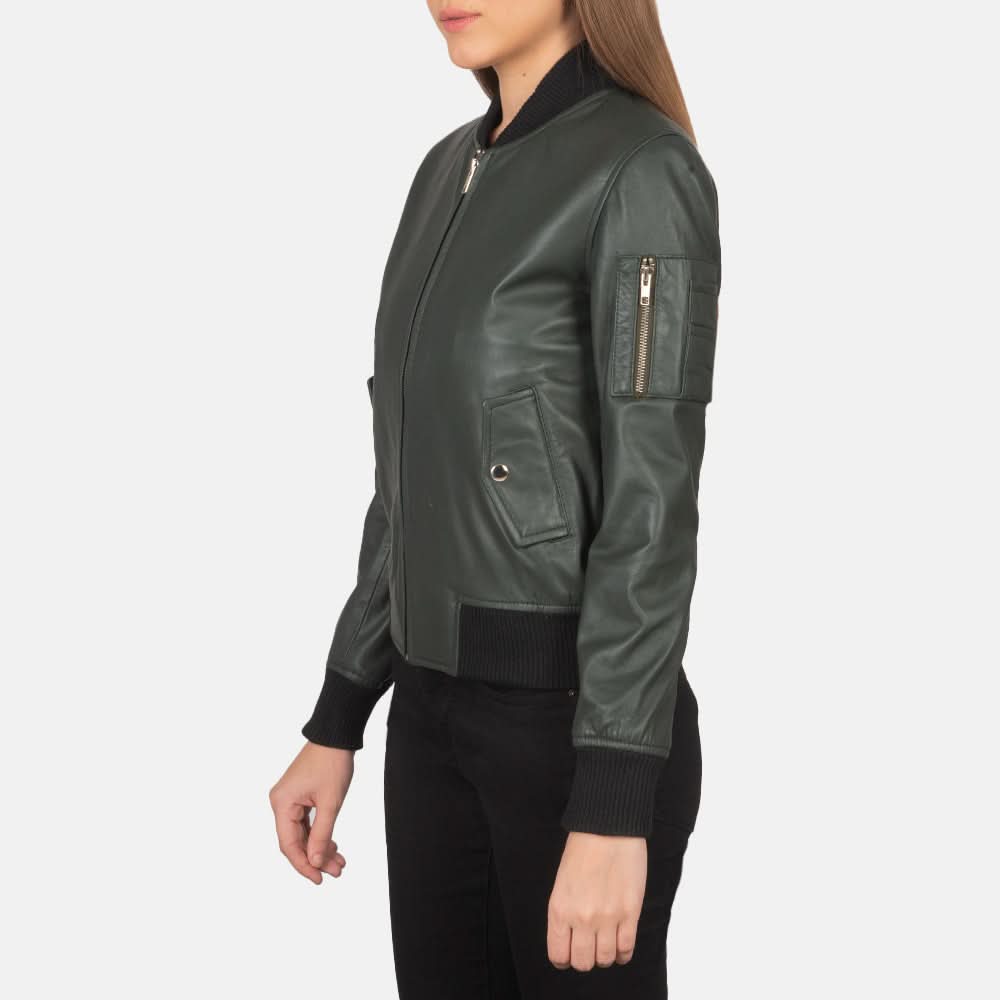 Ava Ma-1 Green Leather Bomber Jacket - Leather Clan