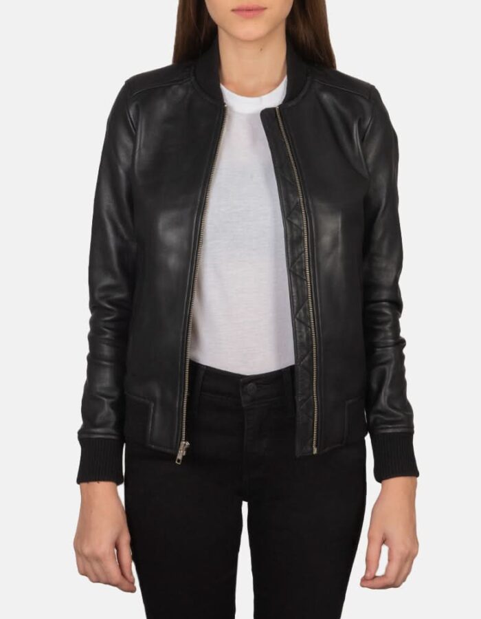 Bliss Black Leather Bomber Jacket - Leather Clan