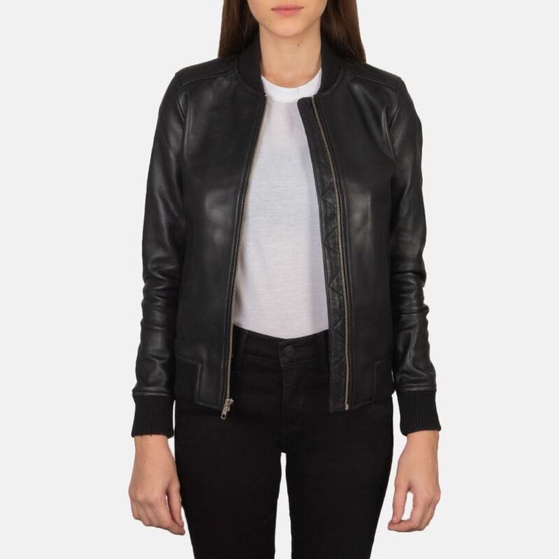 Bliss Black Leather Bomber Jacket - Leather Clan