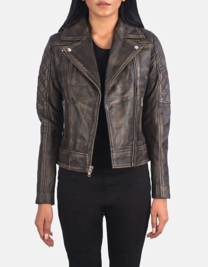 Carolyn Quilted Distressed Brown Biker Jacket - Leather Clan