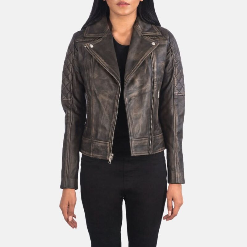 Carolyn Quilted Distressed Brown Biker Jacket - Leather Clan