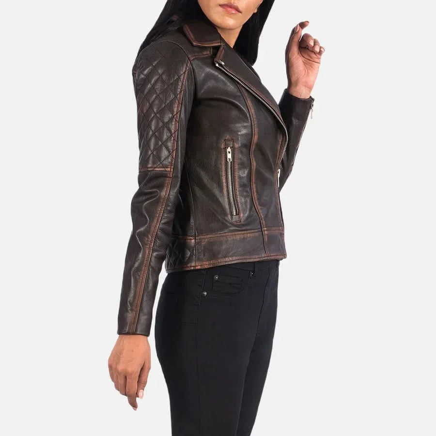 Carolyn Quilted Vintage Brown Biker Jacket - Leather Clan