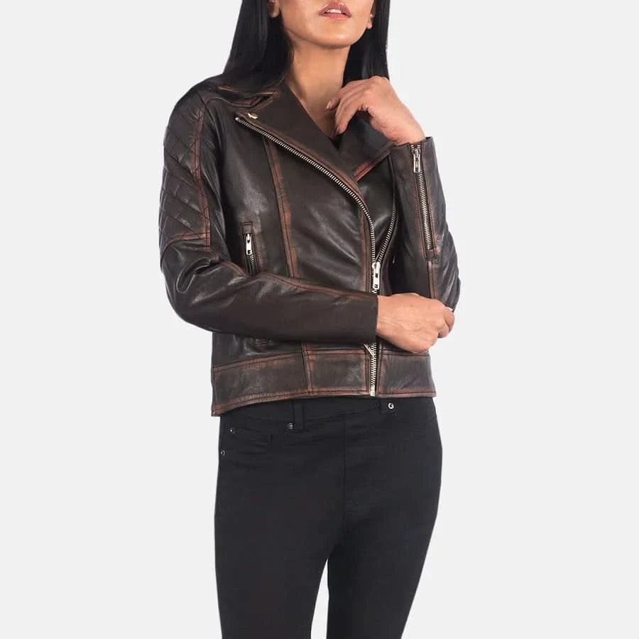 Carolyn Quilted Vintage Brown Biker Jacket - Leather Clan