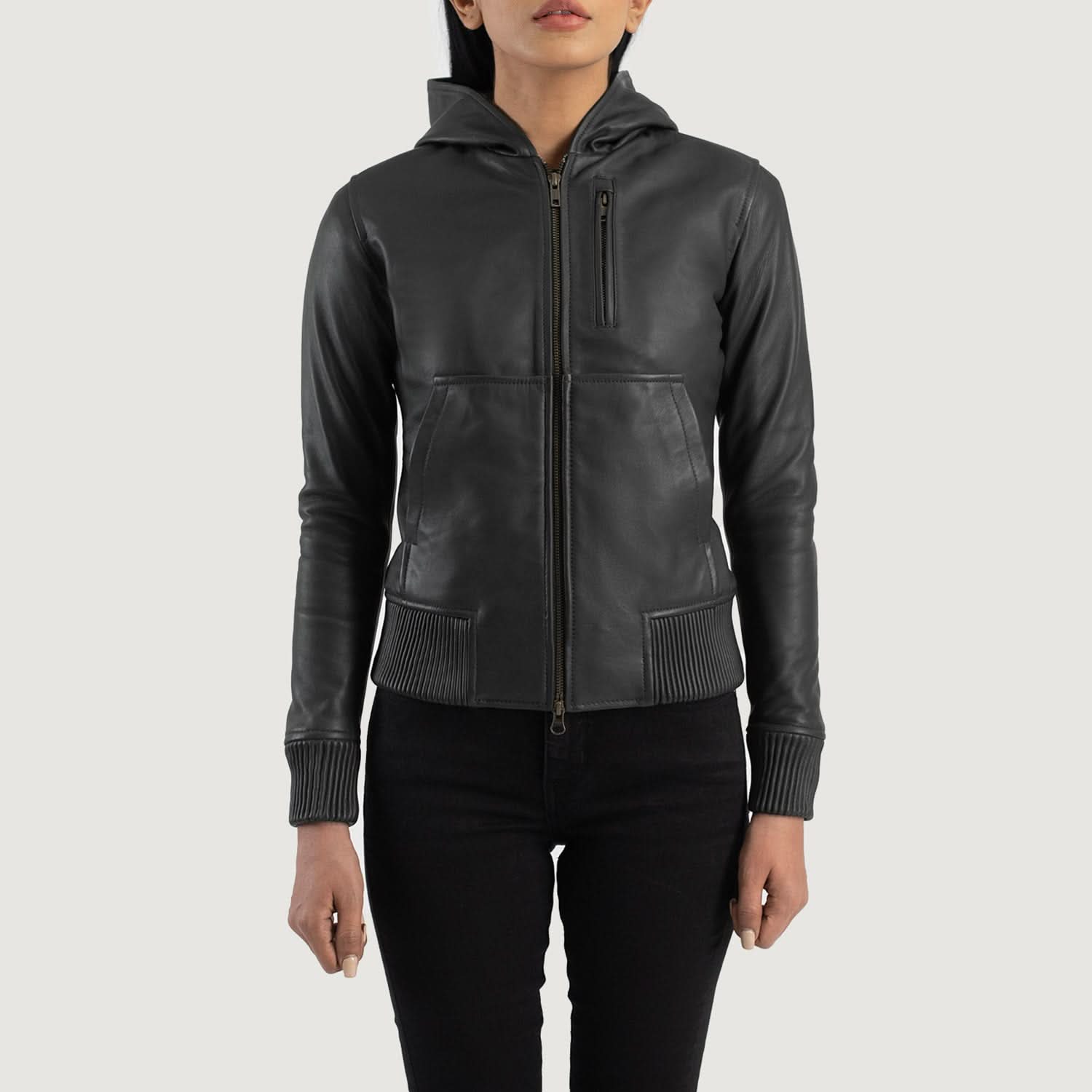 Nova Black Hooded Leather Bomber Jacket - Image 5
