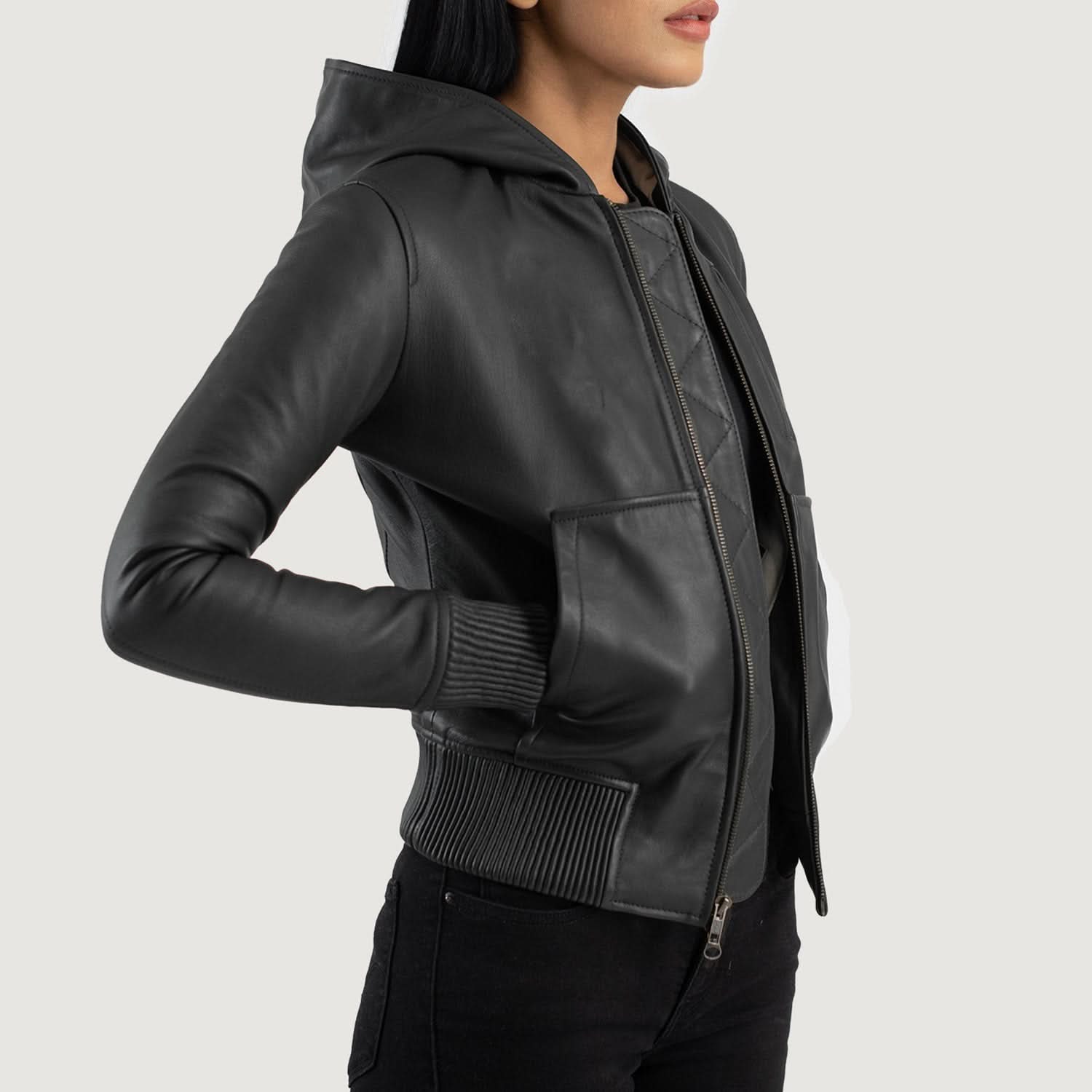 Nova Black Hooded Leather Bomber Jacket - Image 3