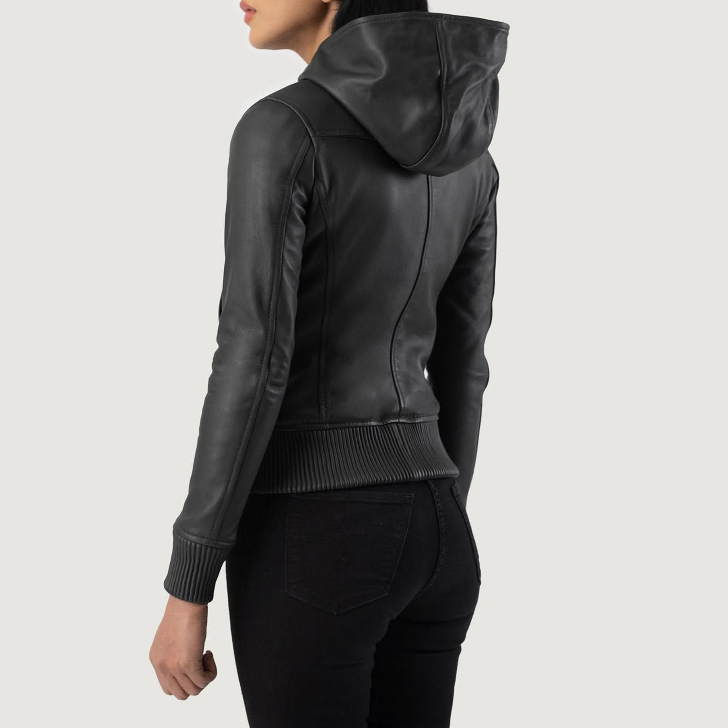 Nova Black Hooded Leather Bomber Jacket - Image 6