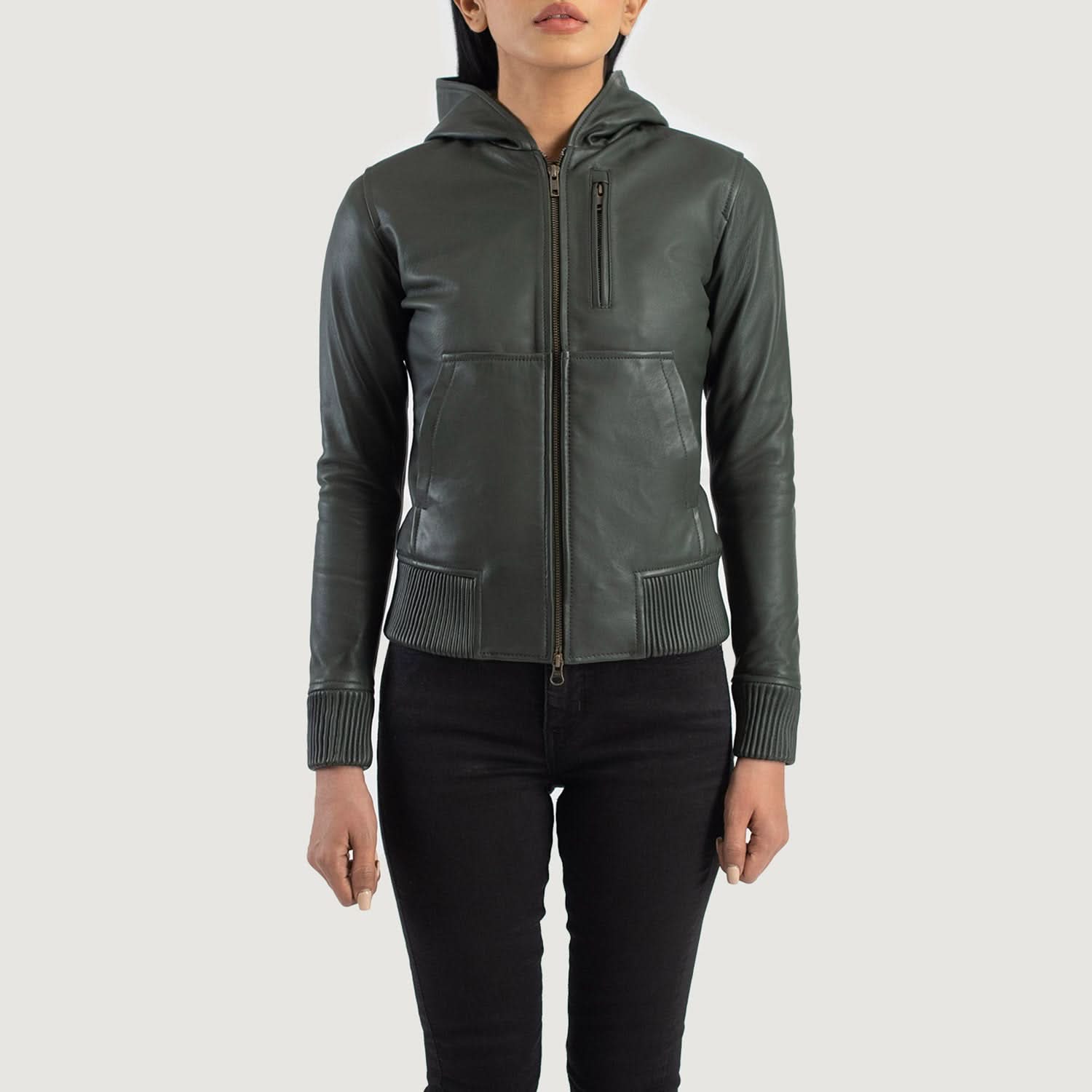 Nova Green Hooded Leather Bomber Jacket - Image 5