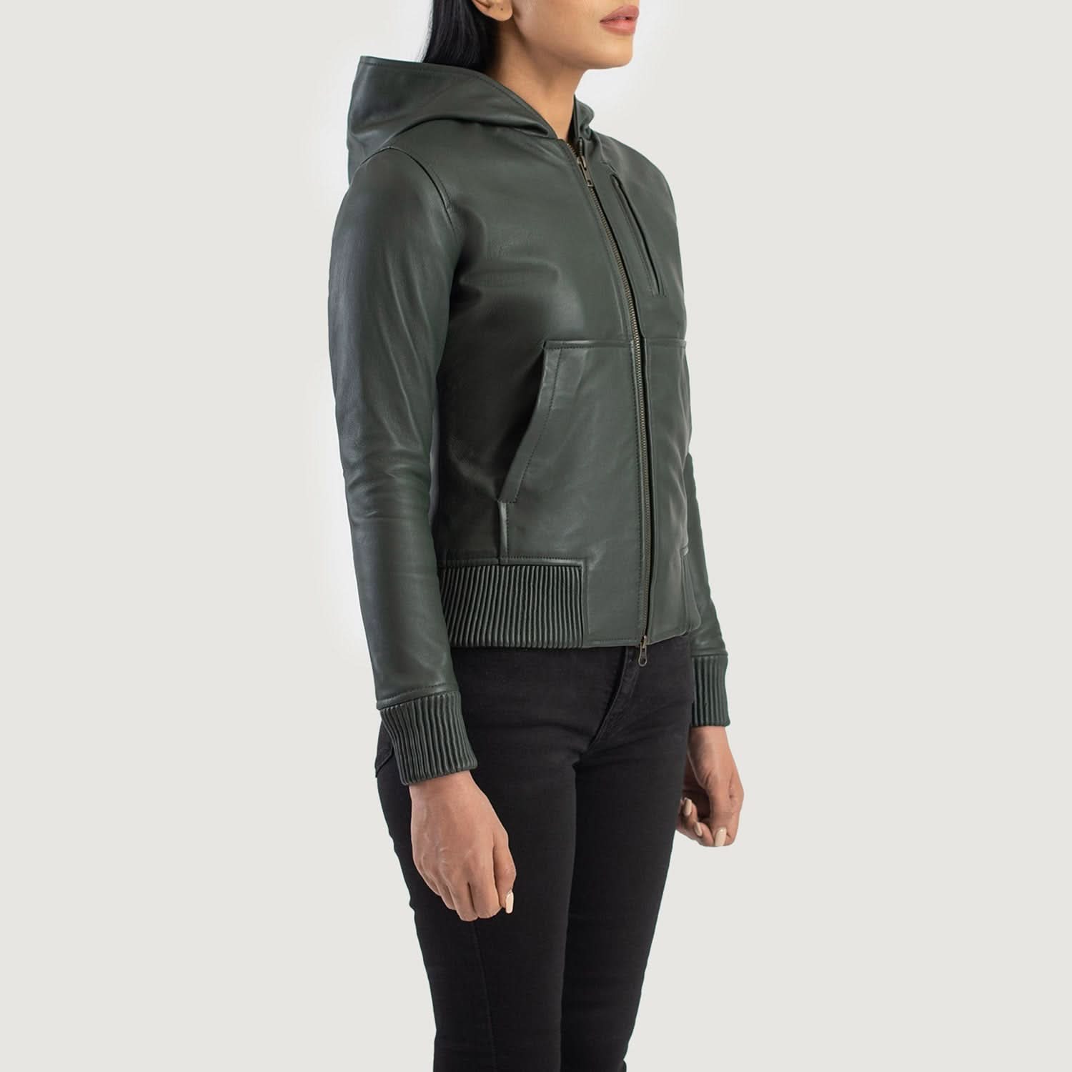 Nova Green Hooded Leather Bomber Jacket - Image 3