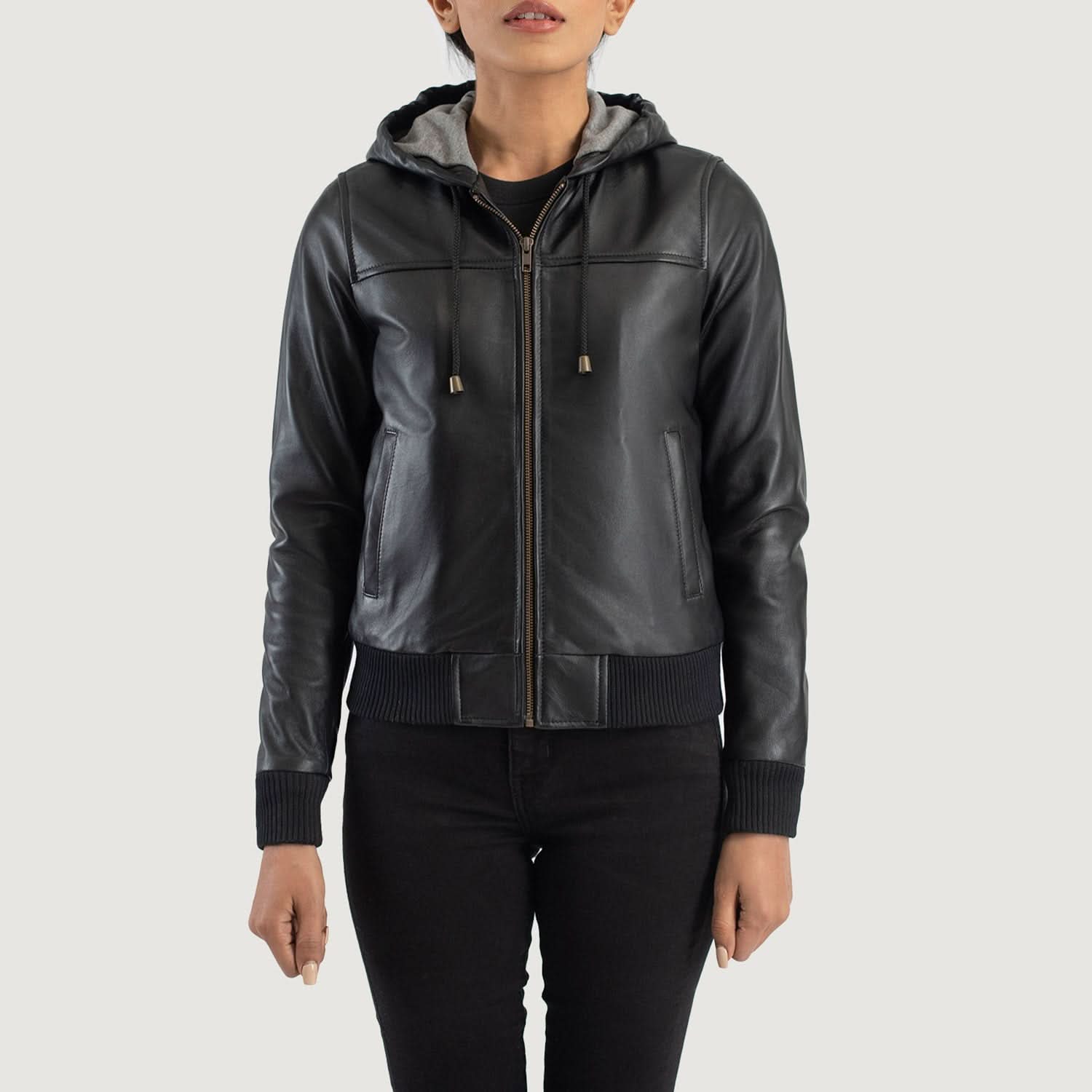 Rebella Black Hooded Leather Bomber Jacket - Image 5