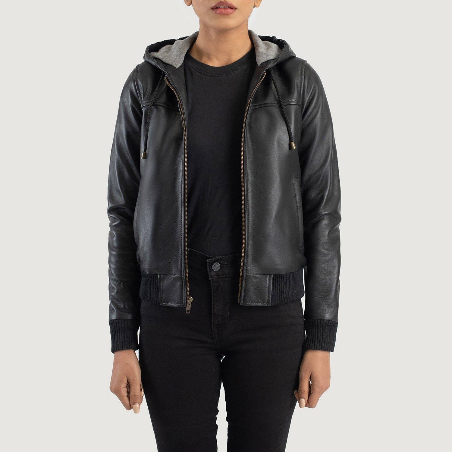 Rebella Black Hooded Leather Bomber Jacket - Image 1