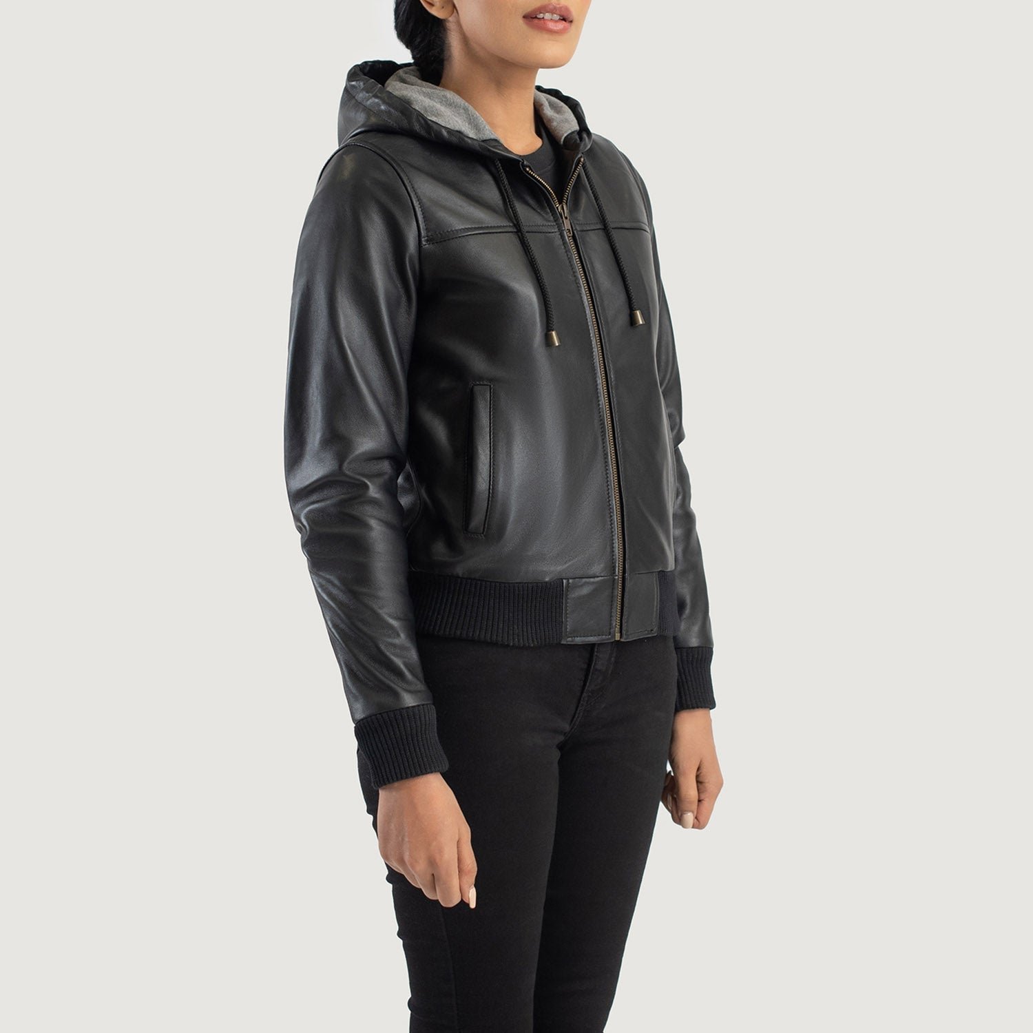 Rebella Black Hooded Leather Bomber Jacket - Image 2