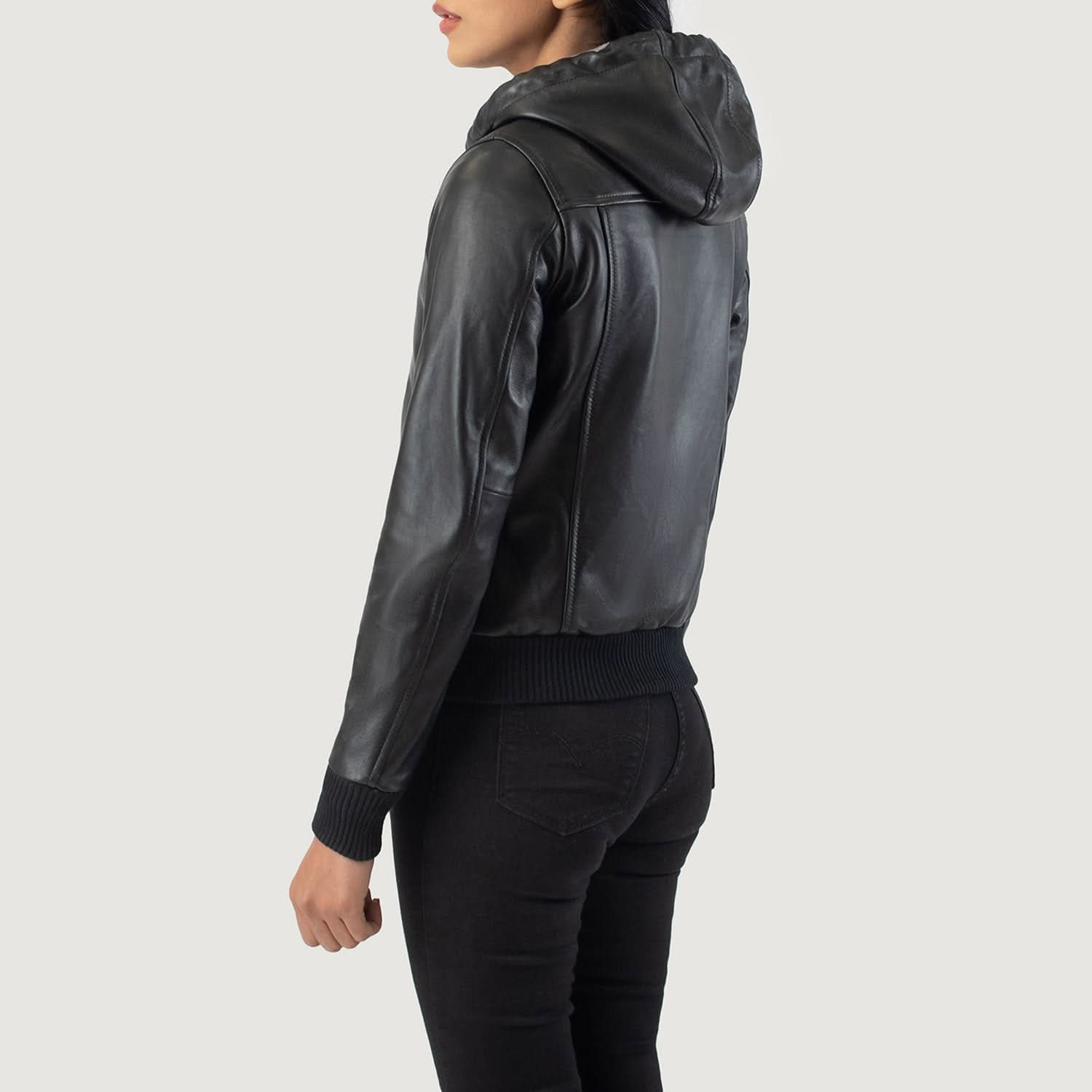 Rebella Black Hooded Leather Bomber Jacket - Image 6