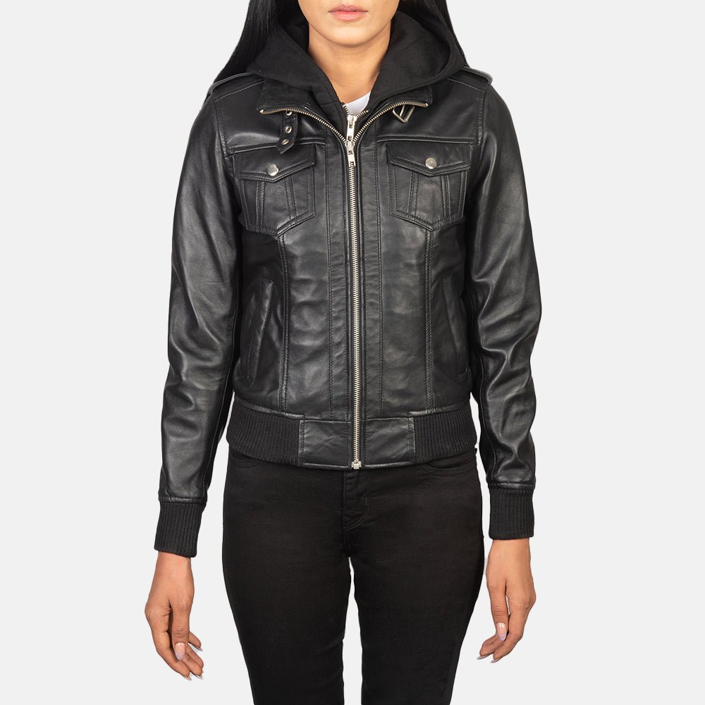 Roslyn Black Hooded Leather Bomber Jacket - Image 4