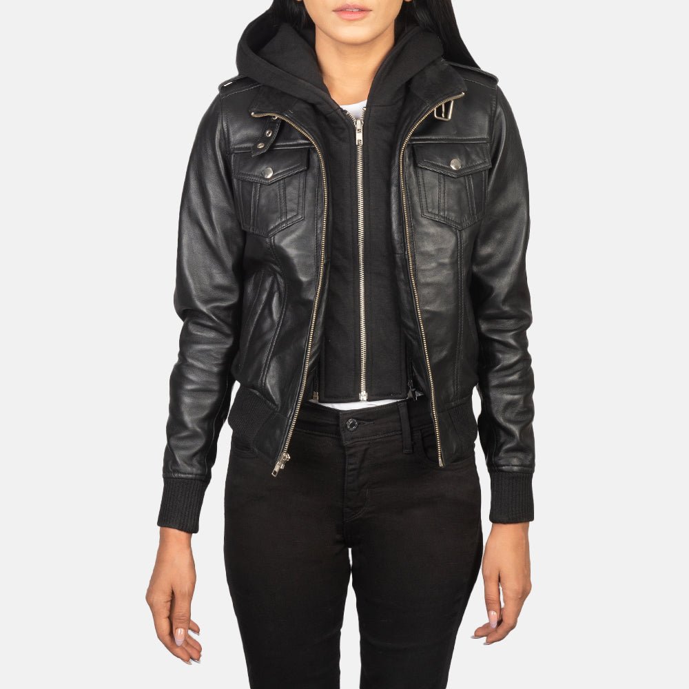 Roslyn Black Hooded Leather Bomber Jacket - Image 1
