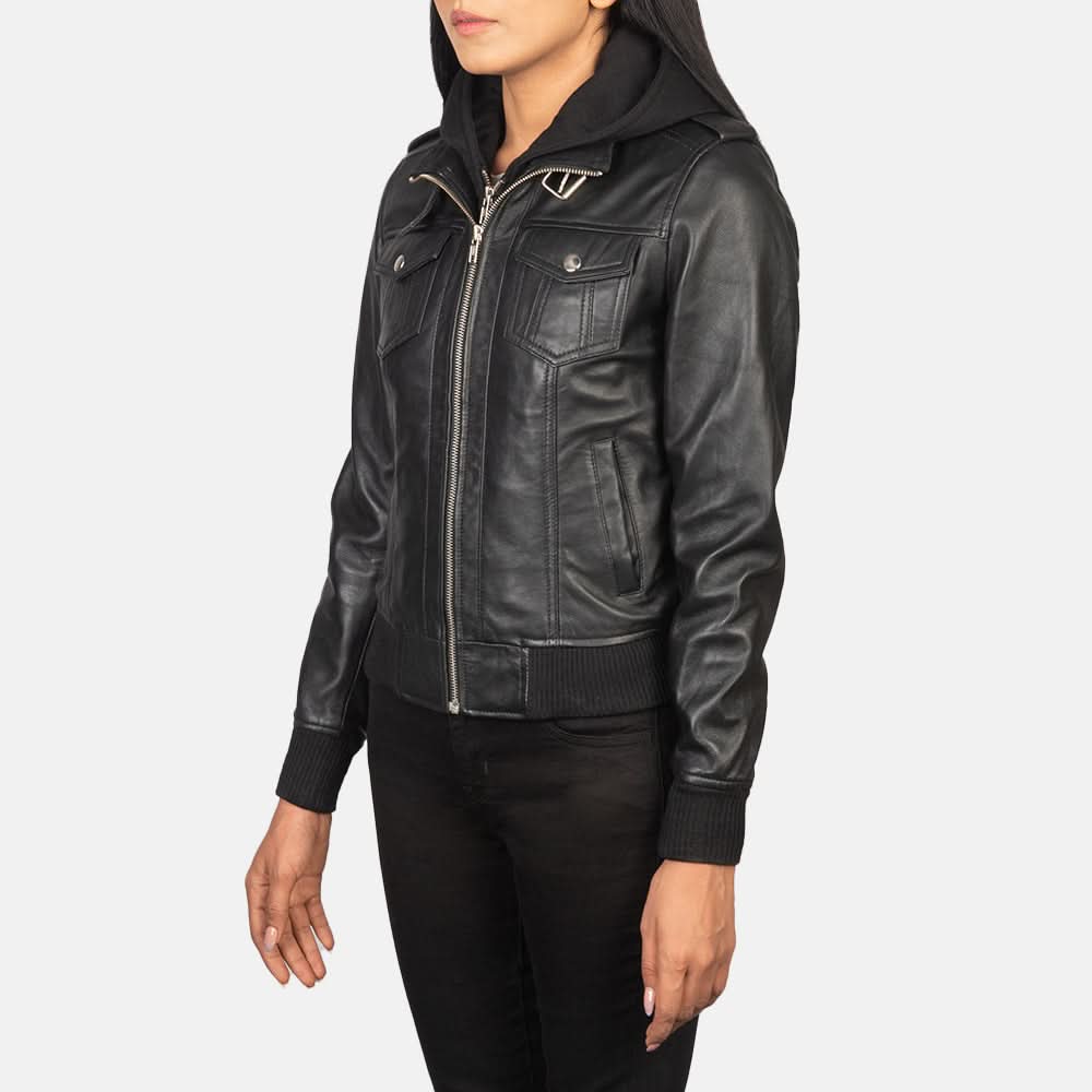 Roslyn Black Hooded Leather Bomber Jacket - Image 3