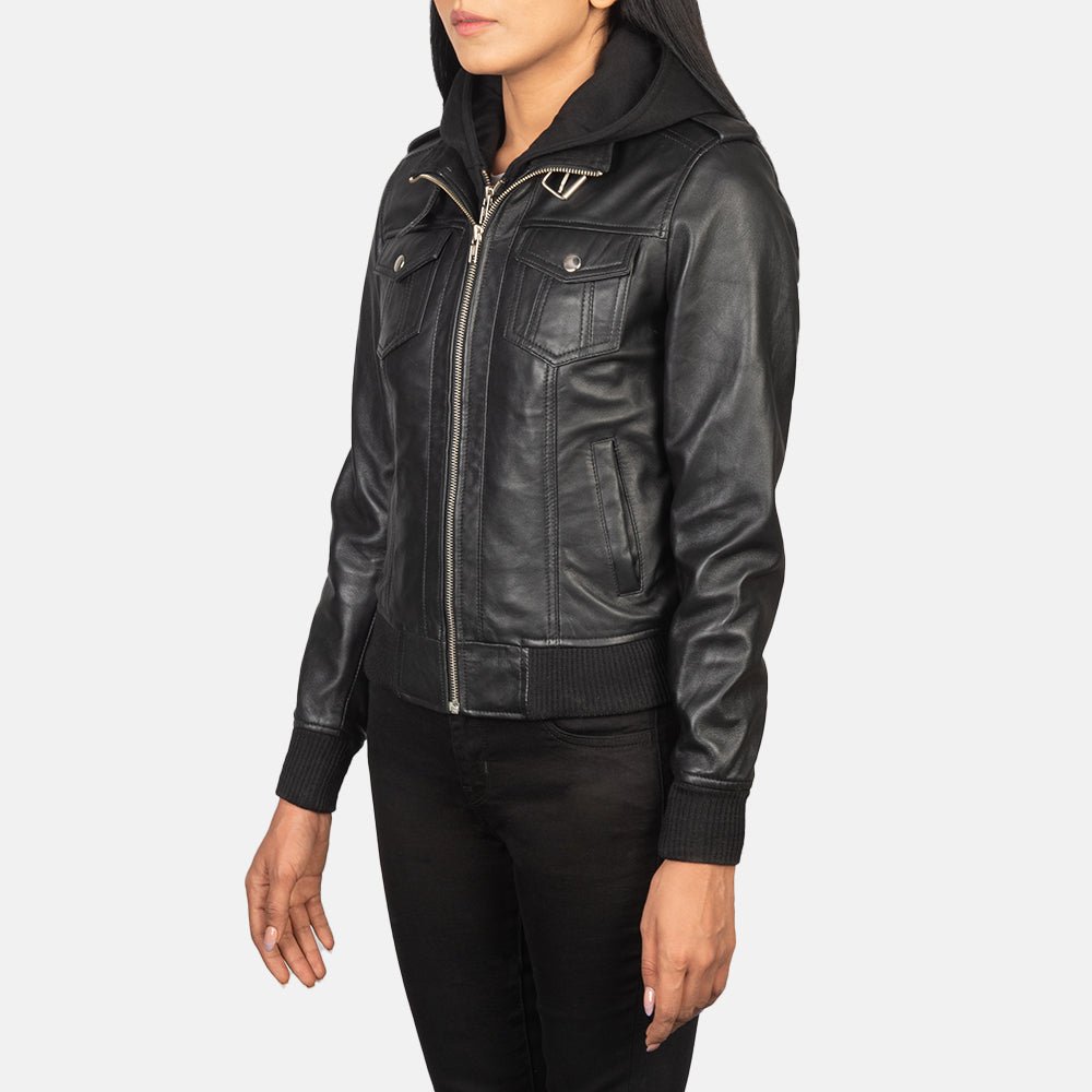 Roslyn Black Hooded Leather Bomber Jacket - Image 2