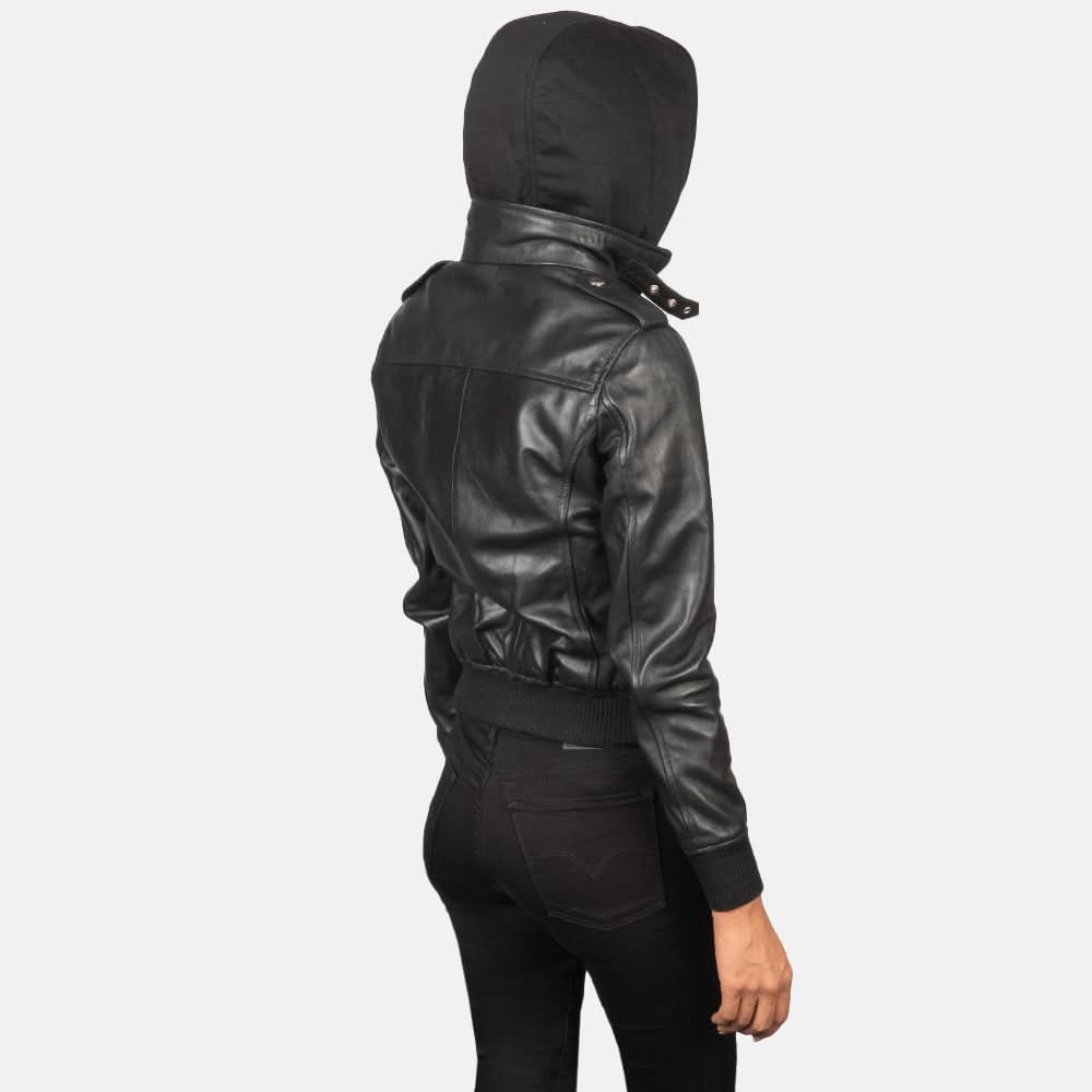 Roslyn Black Hooded Leather Bomber Jacket - Image 6