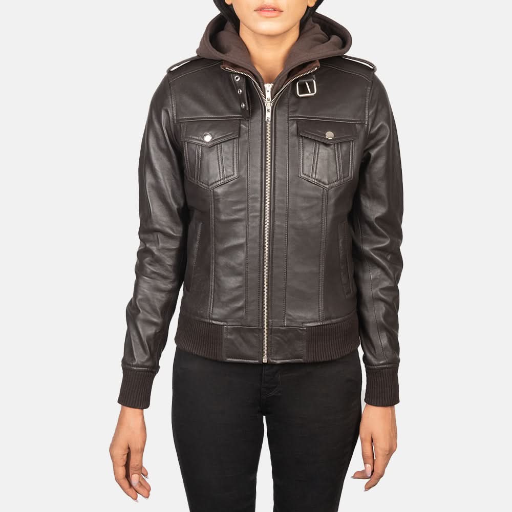 Rosalie Brown Hooded Leather Bomber Jacket - Image 5