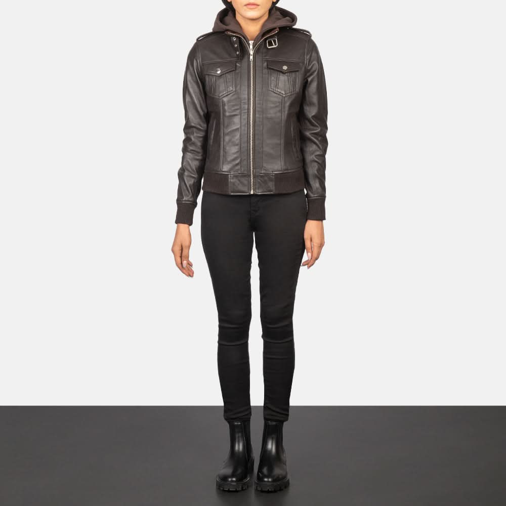 Rosalie Brown Hooded Leather Bomber Jacket - Image 4