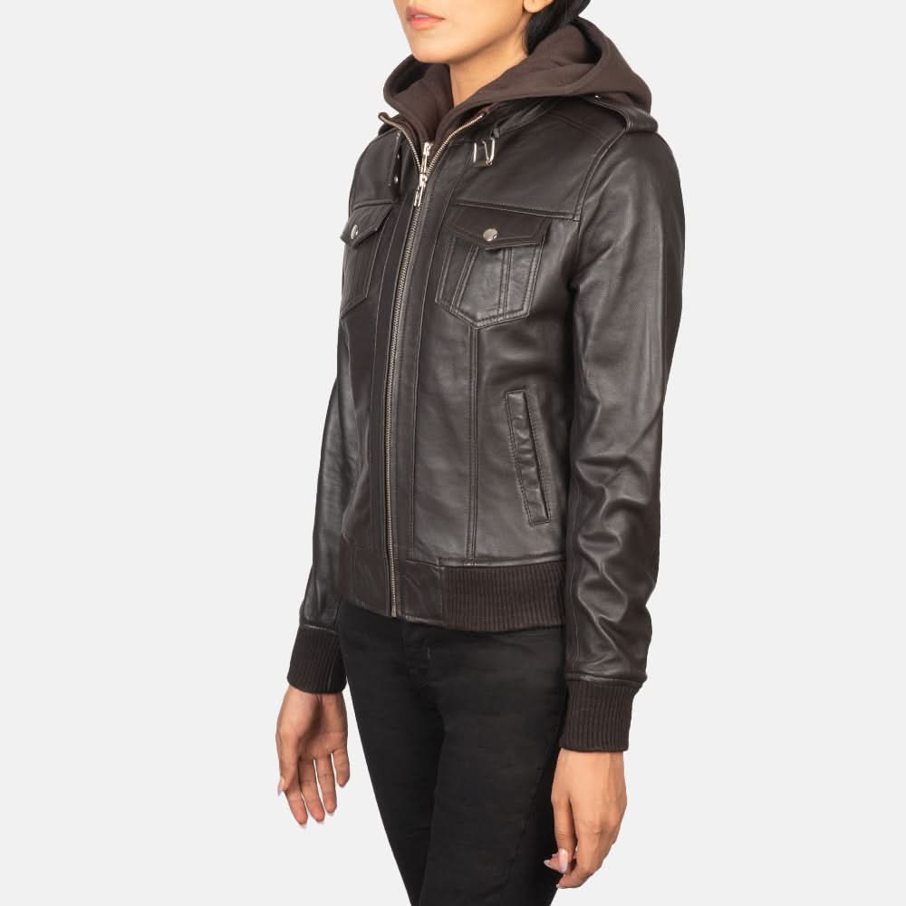 Rosalie Brown Hooded Leather Bomber Jacket - Image 3