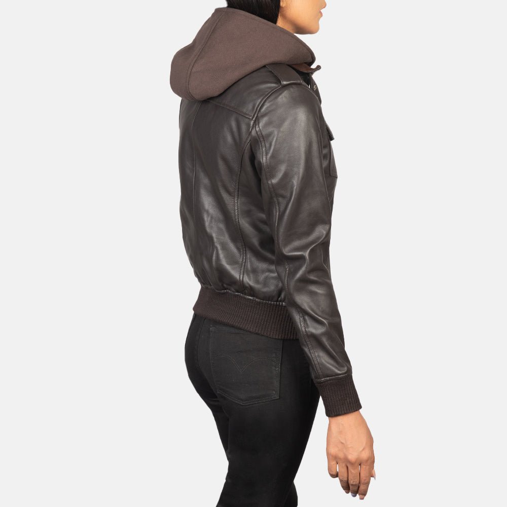 Roslyn Brown Hooded Leather Bomber Jacket - Image 5