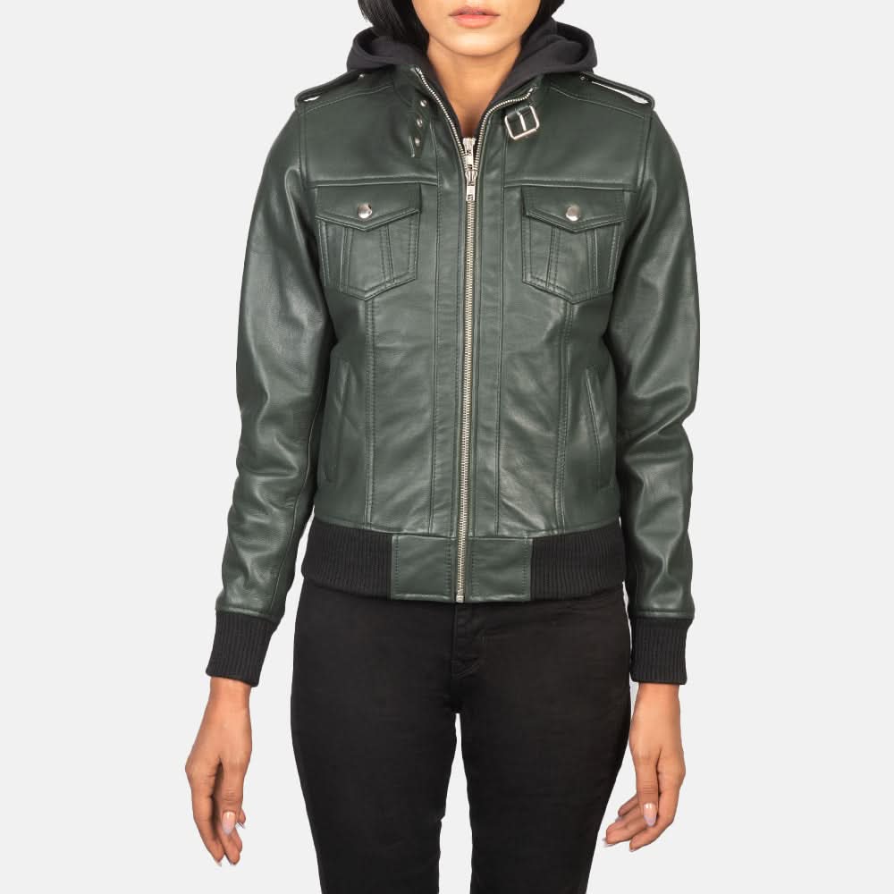 Roslyn Green Hooded Leather Bomber Jacket - Leather Clan