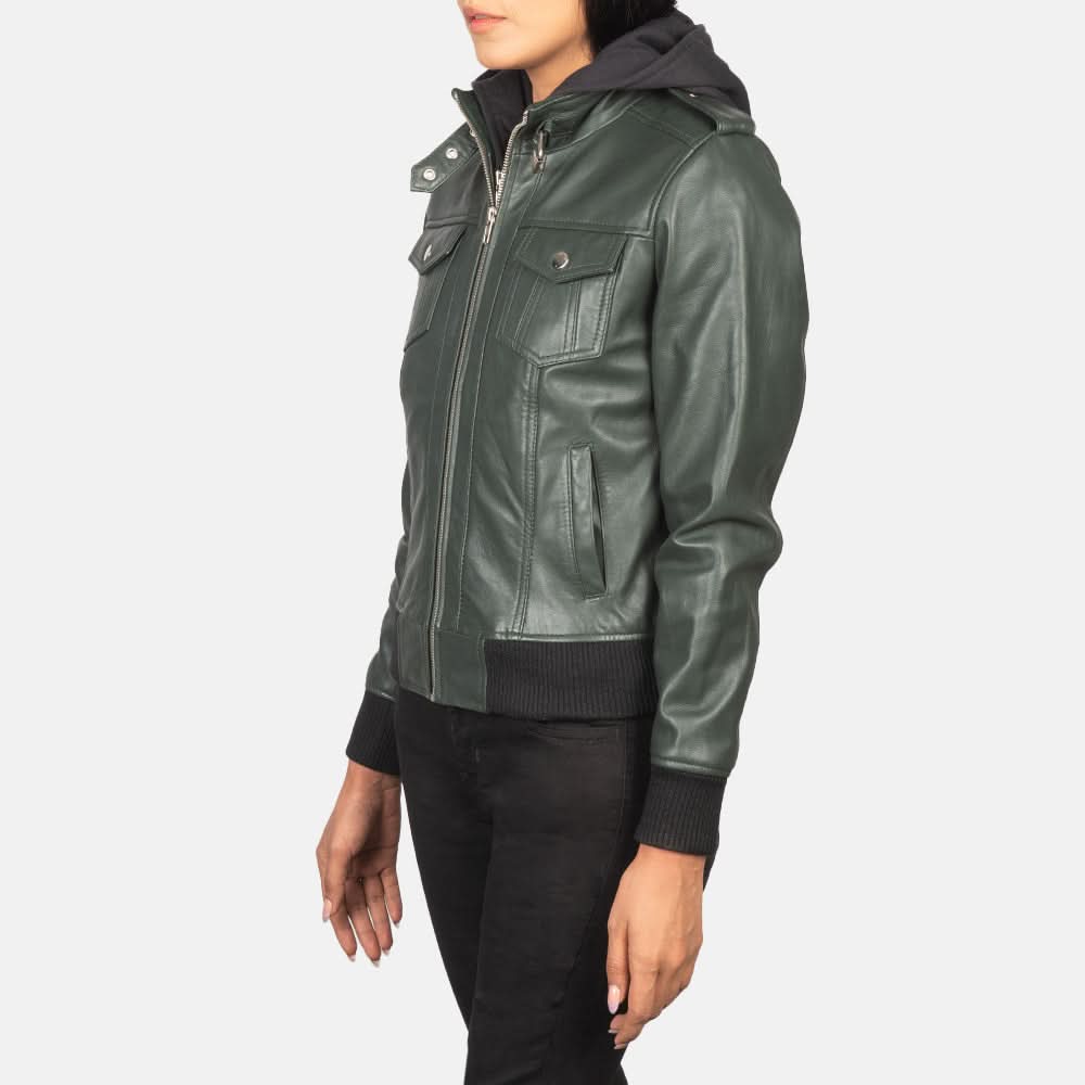 Roslyn Green Hooded Leather Bomber Jacket - Leather Clan