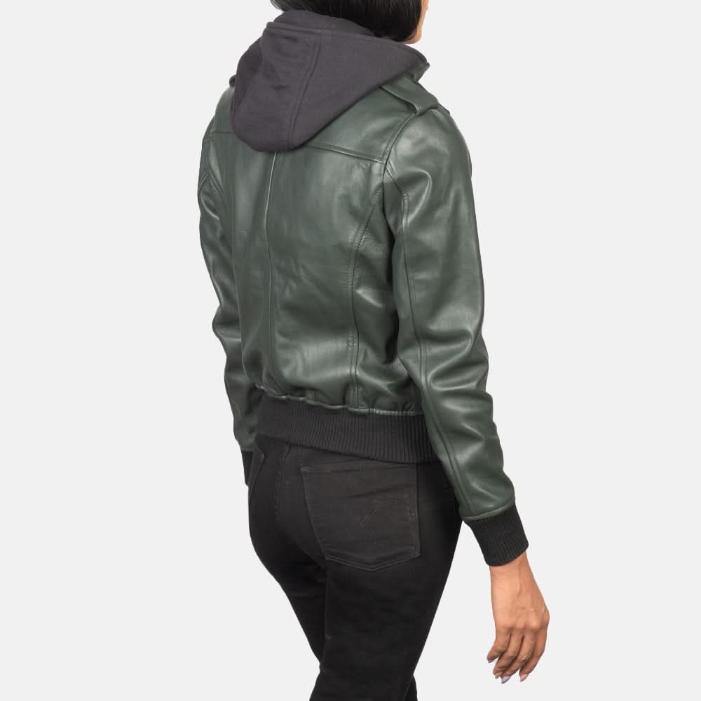 Roslyn Green Hooded Leather Bomber Jacket - Leather Clan