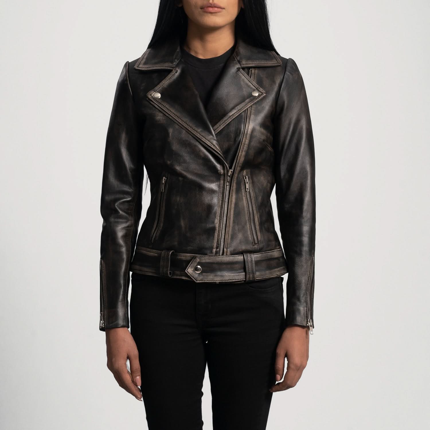 Rumy Distressed Brown Leather Biker Jacket - Image 5