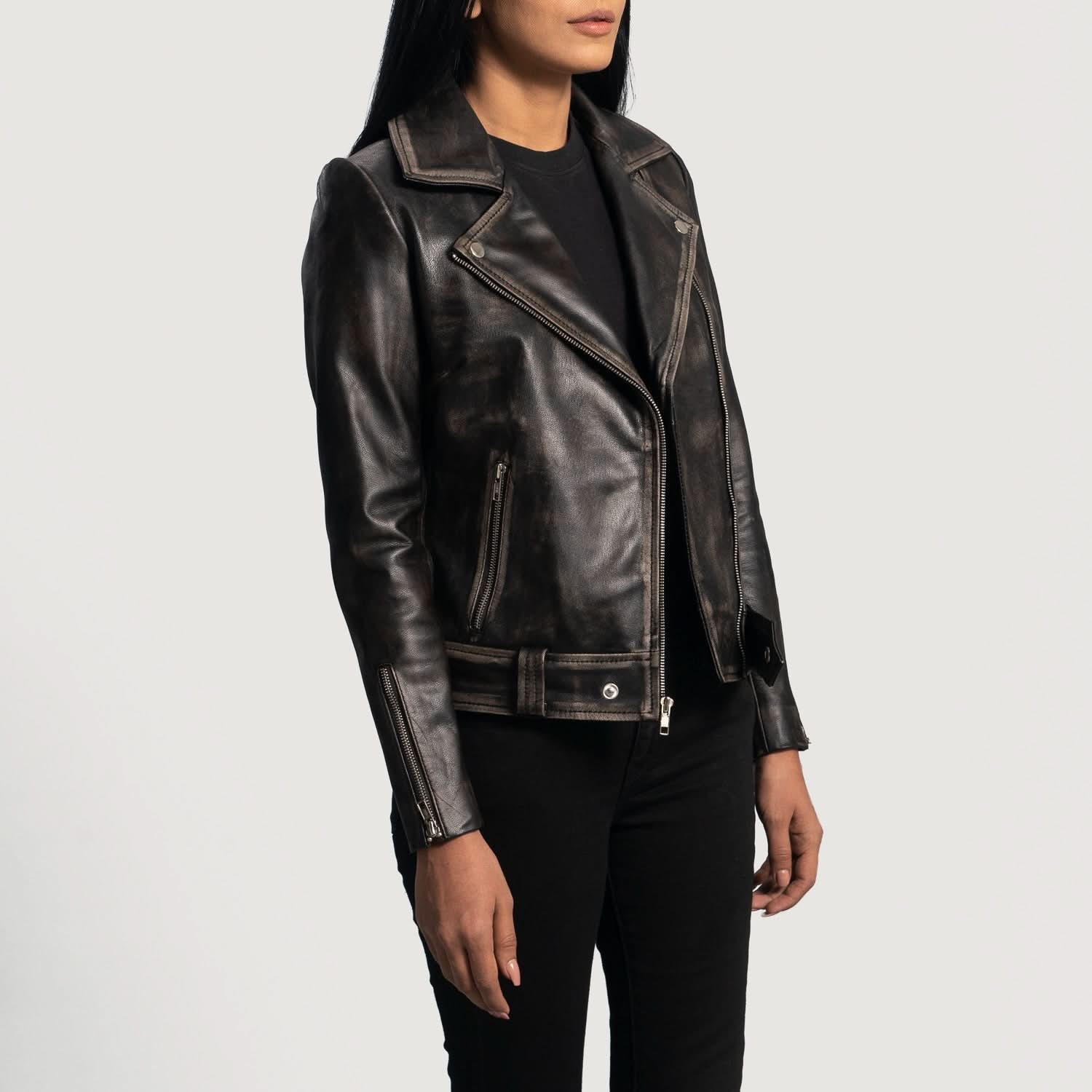 Rumy Distressed Brown Leather Biker Jacket - Image 3