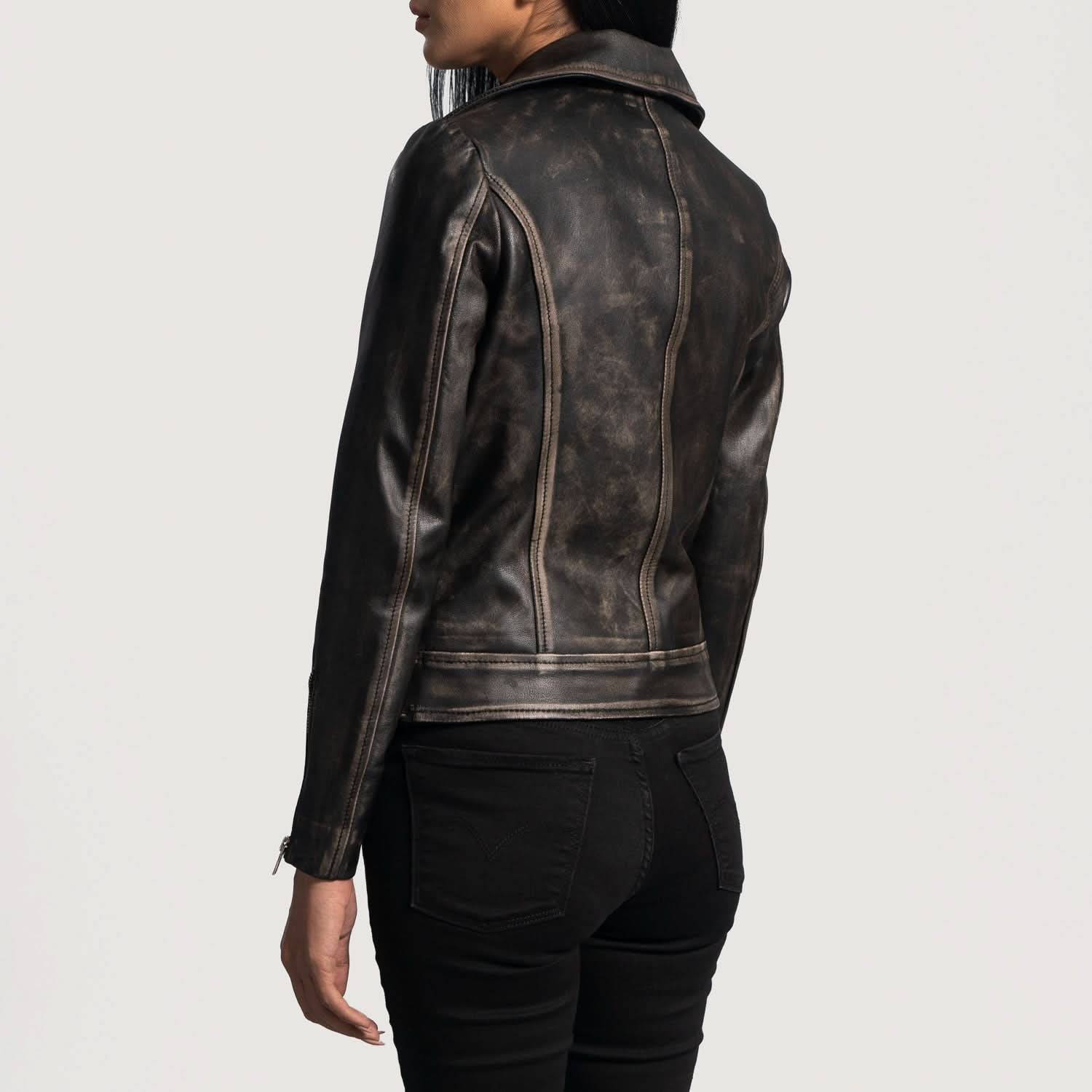 Rumy Distressed Brown Leather Biker Jacket - Image 6