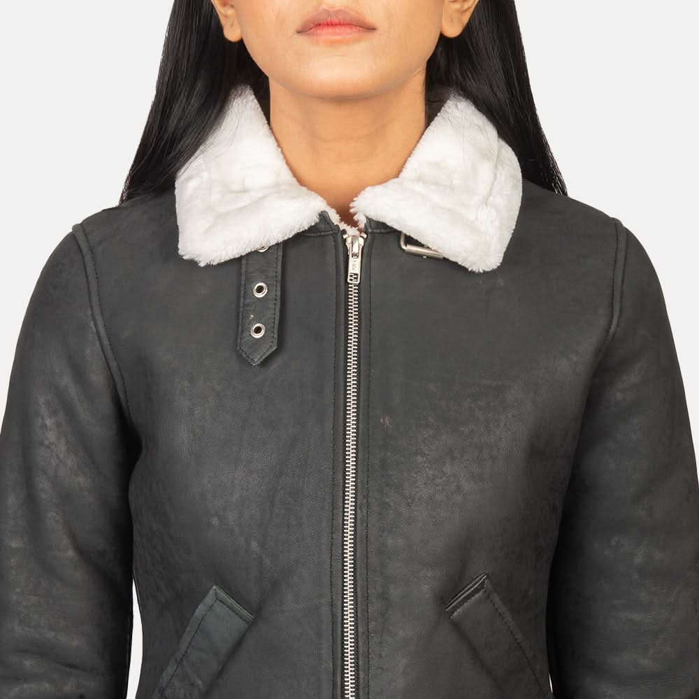 Sherilyn B-3 Black & White Leather Bomber Jacket - Leather Clan