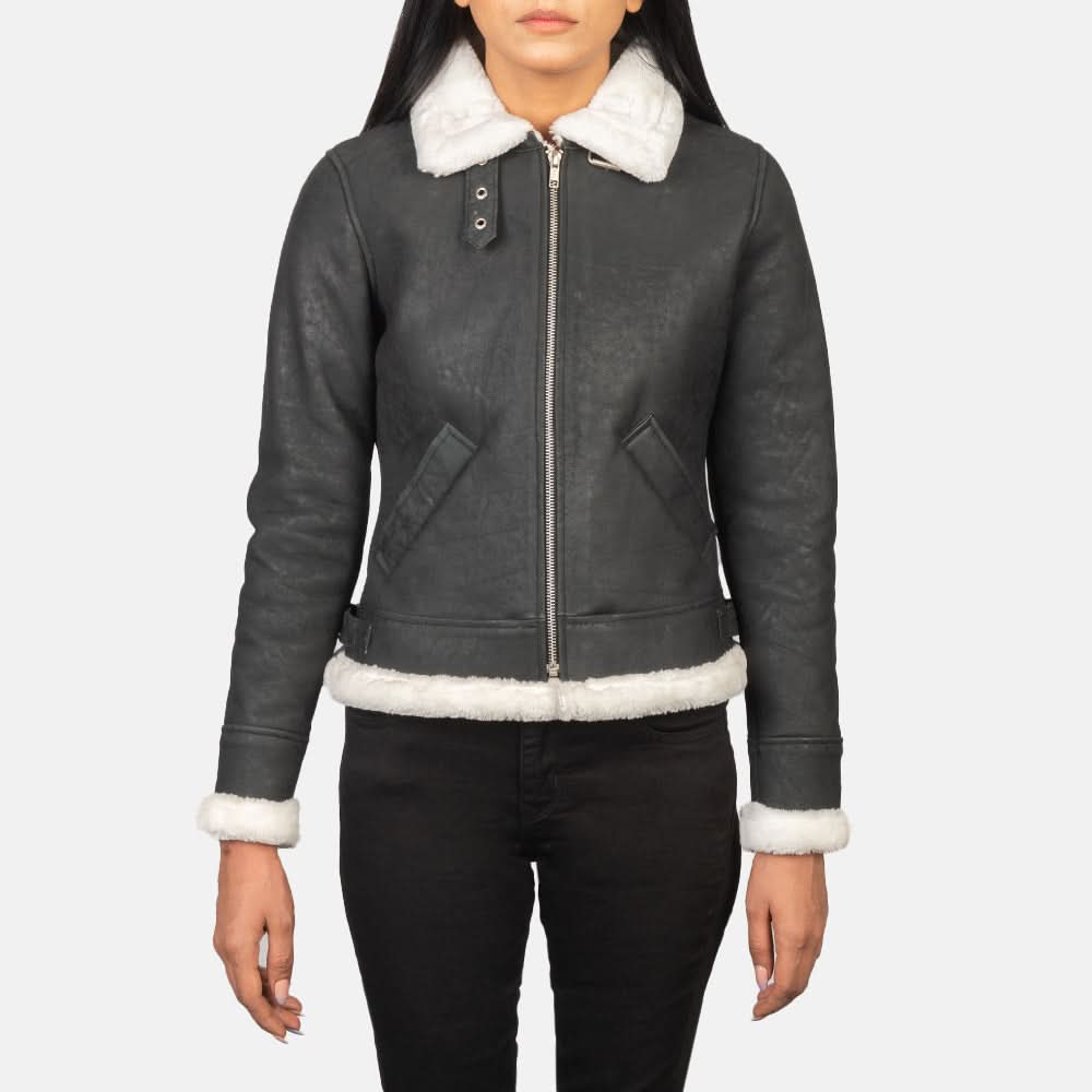 Sherilyn B-3 Black & White Leather Bomber Jacket - Leather Clan