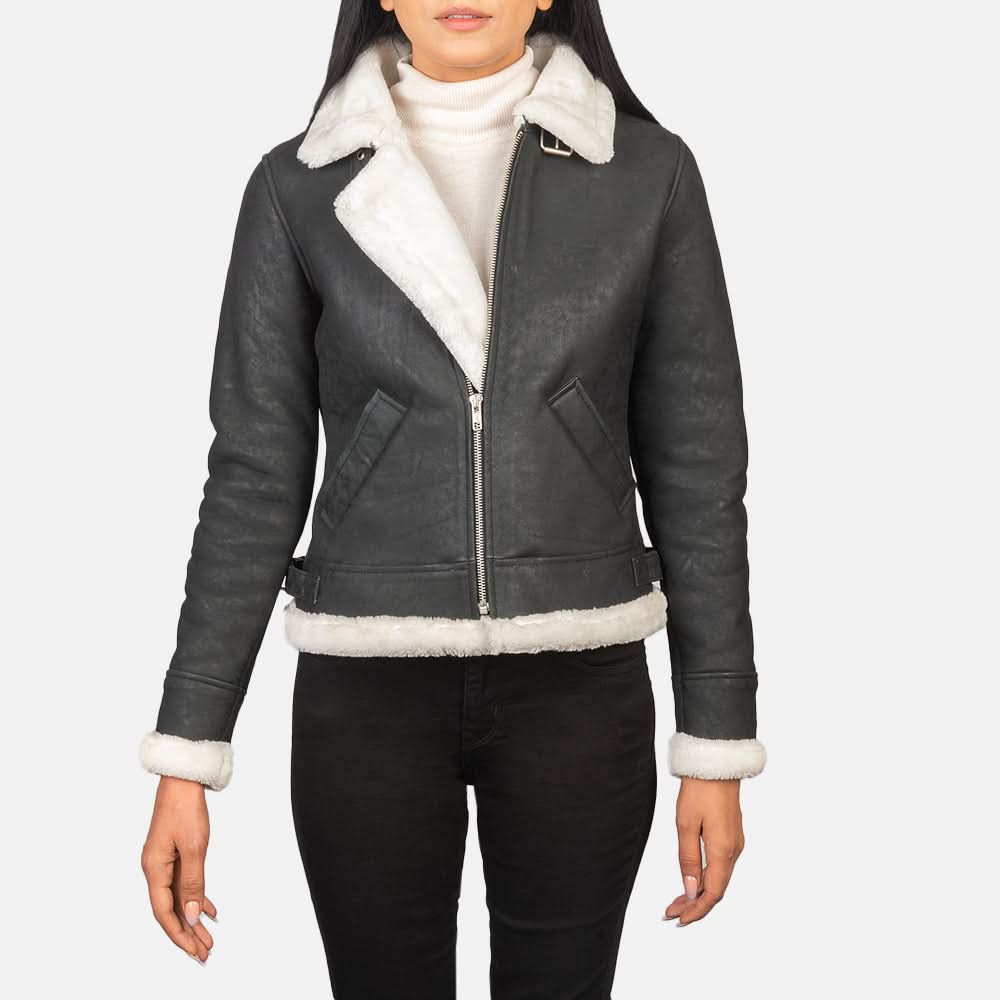 Sherilyn B-3 Black & White Leather Bomber Jacket - Leather Clan