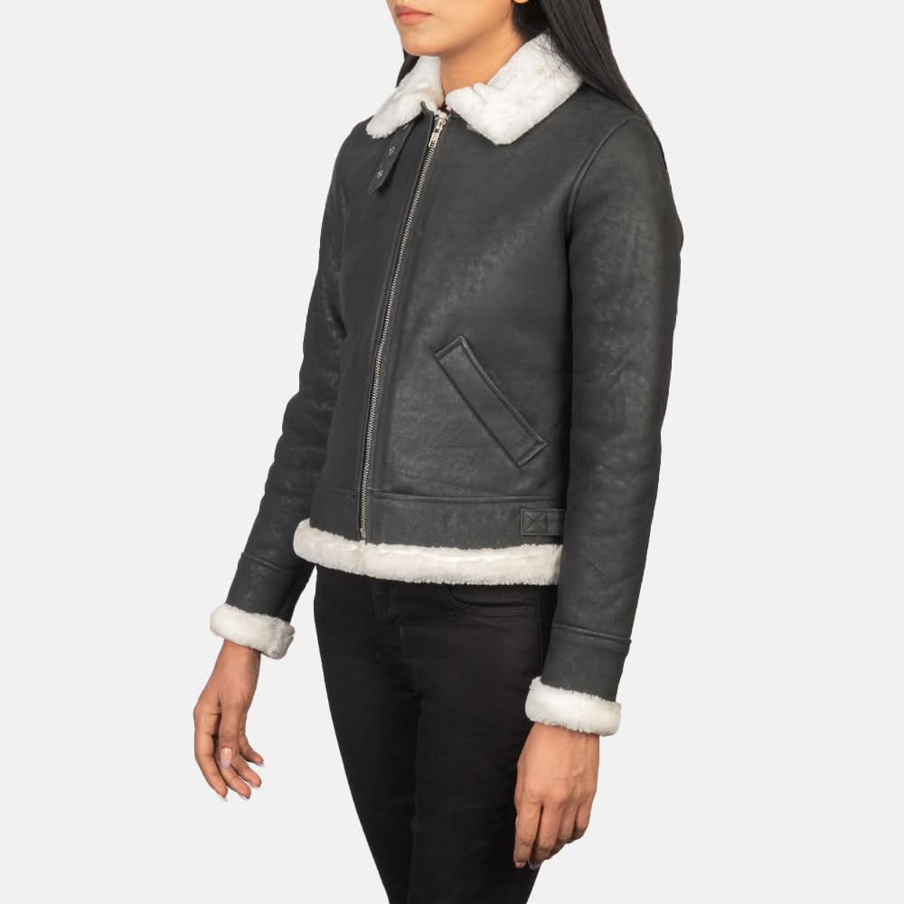 Sherilyn B-3 Black & White Leather Bomber Jacket - Leather Clan