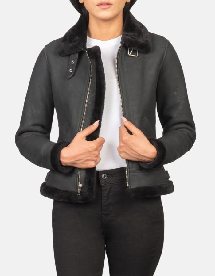 Sherilyn B-3 Distressed Black Leather Bomber Jacket - Leather Clan