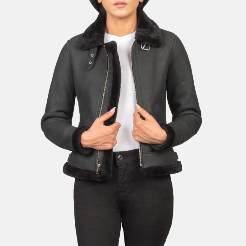 Sherilyn B-3 Distressed Black Leather Bomber Jacket - Leather Clan